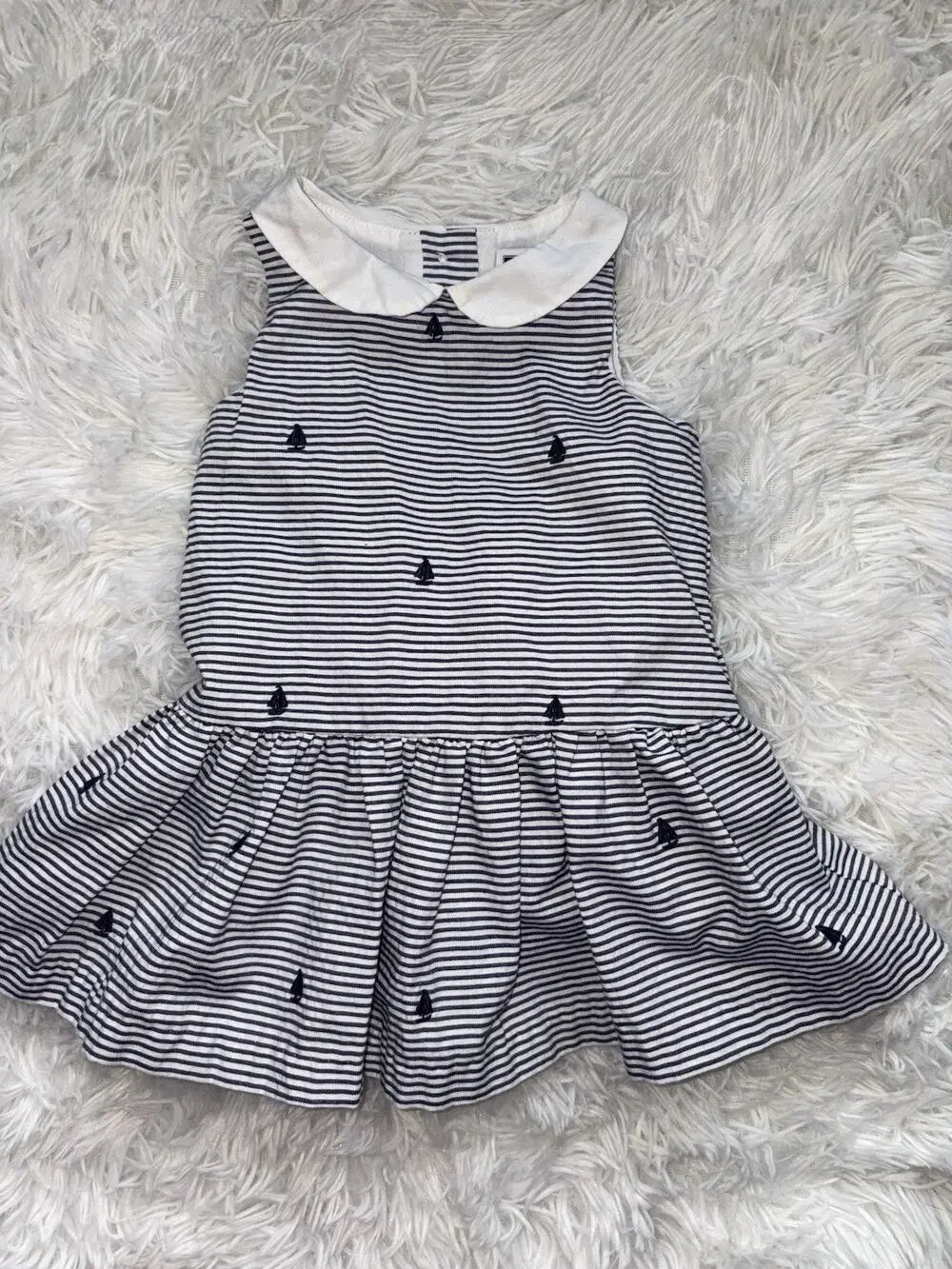 Janie & Jack 6/12 Mo. Classic Sailboat Design Blue Striped Collar Dress. Cute